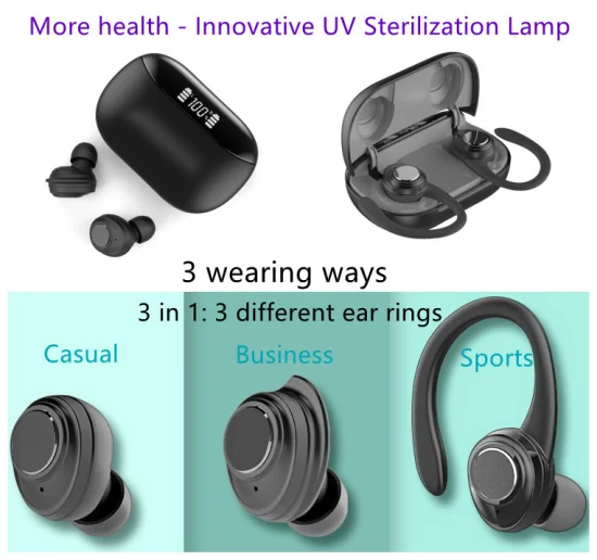 Nuovo auricolare Bluetooth 3 in 1 sportivo impermeabile TWS con 3 orecchini e lampada di sterilizzazione UV